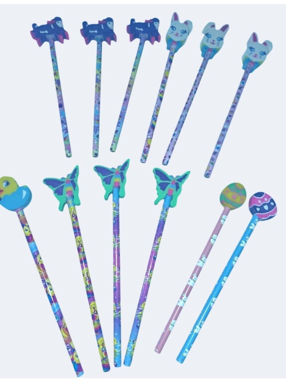 Set Of 12 Vintage Lisa Frank Pencils Rubber Toppers: Lamb Bunny Butterfly Duck E
